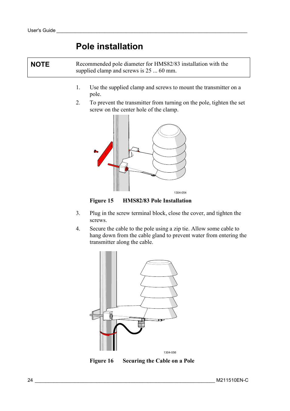 Pole installation, Figure 15, Hms82/83 pole installation | Figure 16, Securing the cable on a pole | Vaisala HMDW80 User Manual | Page 26 / 51