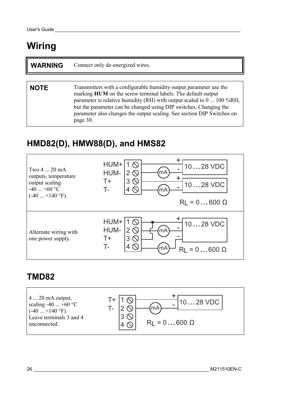 Wiring, Hmd82(d), hmw88(d), and hms82, Tmd82 | Vaisala HMDW80 User Manual | Page 28 / 51