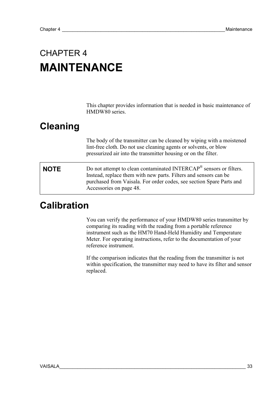 Maintenance, Cleaning, Calibration | Chapter 4, Chapter 4, maintenance | Vaisala HMDW80 User Manual | Page 35 / 51