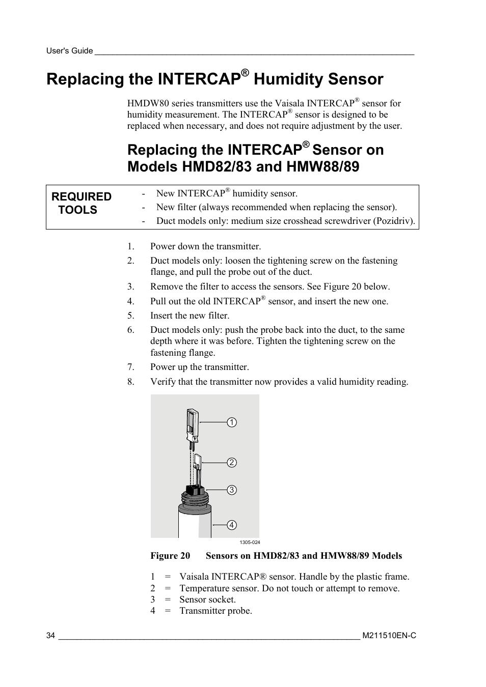 Replacing the intercap® humidity sensor, Replacing the intercap, Humidity sensor | Sensor on models hmd82/83, And hmw88/89, Figure 20, Sensors on hmd82/83 and hmw88/89 models | Vaisala HMDW80 User Manual | Page 36 / 51