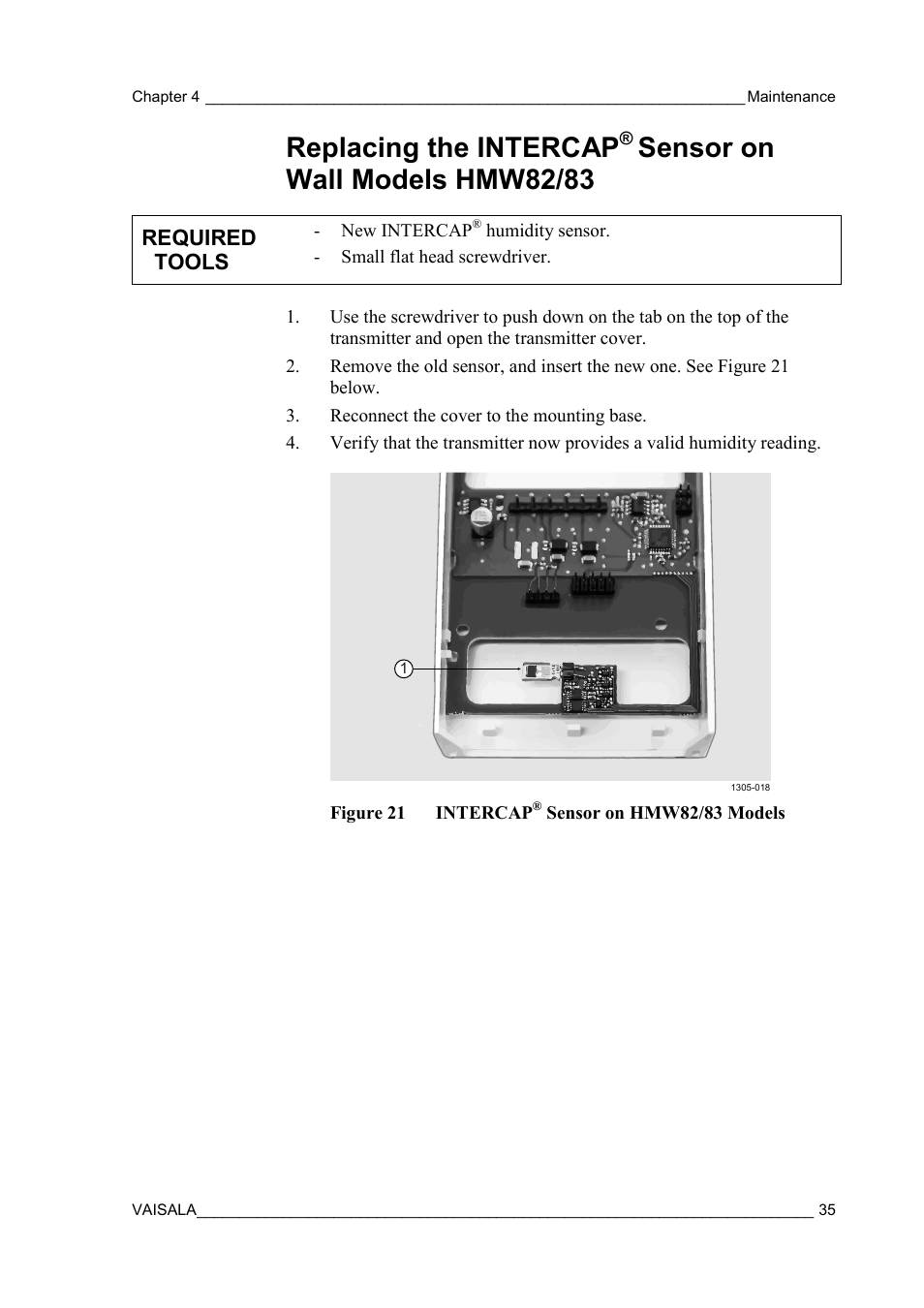 Replacing the intercap, Sensor on wall models, Hmw82/83 | Figure 21, Intercap, Sensor on hmw82/83 models, Sensor on wall models hmw82/83 | Vaisala HMDW80 User Manual | Page 37 / 51