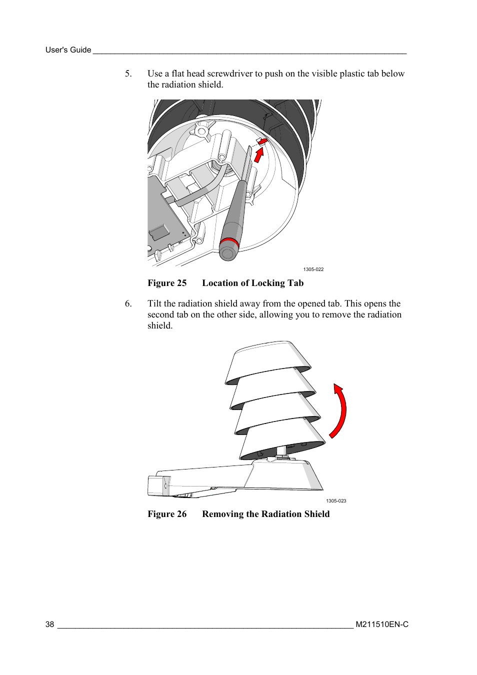Figure 25, Location of locking tab, Figure 26 | Removing the radiation shield | Vaisala HMDW80 User Manual | Page 40 / 51
