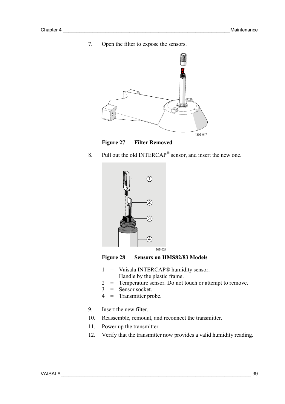 Figure 27, Filter removed, Figure 28 | Sensors on hms82/83 models | Vaisala HMDW80 User Manual | Page 41 / 51