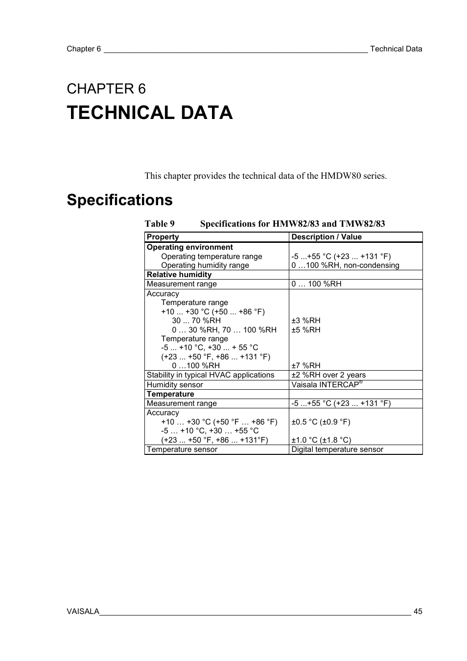 Technical data, Specifications, Chapter 6 | Table 9, Specifications for hmw82/83 and tmw82/83, Chapter 6, technical data, Ee chapter 6, technical, Data, on pa | Vaisala HMDW80 User Manual | Page 47 / 51