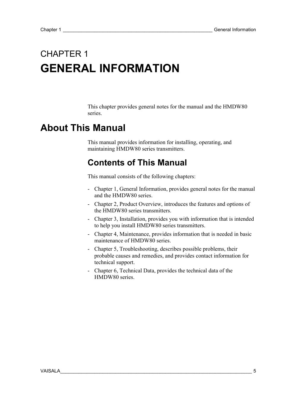 General information, About this manual, Contents of this manual | Chapter 1 | Vaisala HMDW80 User Manual | Page 7 / 51