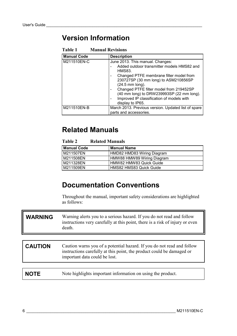 Version information, Related manuals, Documentation conventions | Table 1, Manual revisions, Table 2, Warning, Caution | Vaisala HMDW80 User Manual | Page 8 / 51