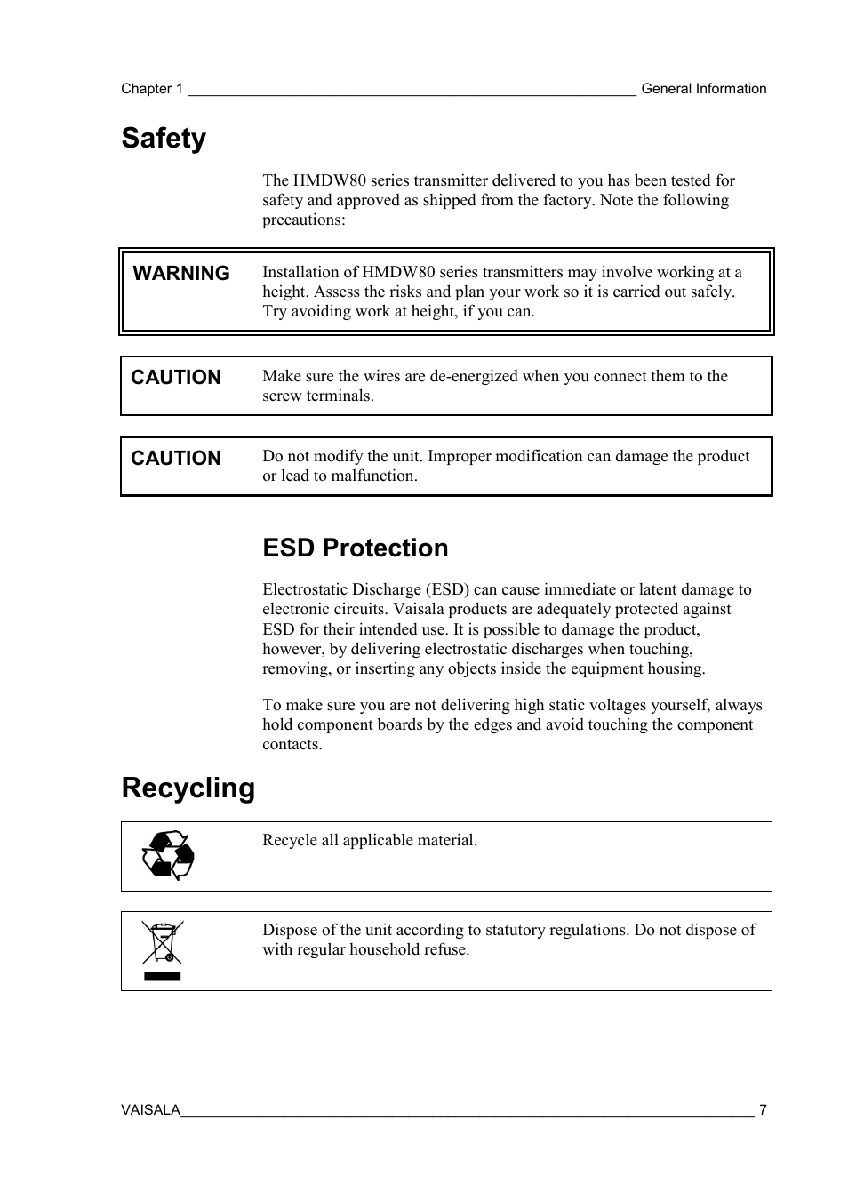 Safety, Esd protection, Recycling | Vaisala HMDW80 User Manual | Page 9 / 51