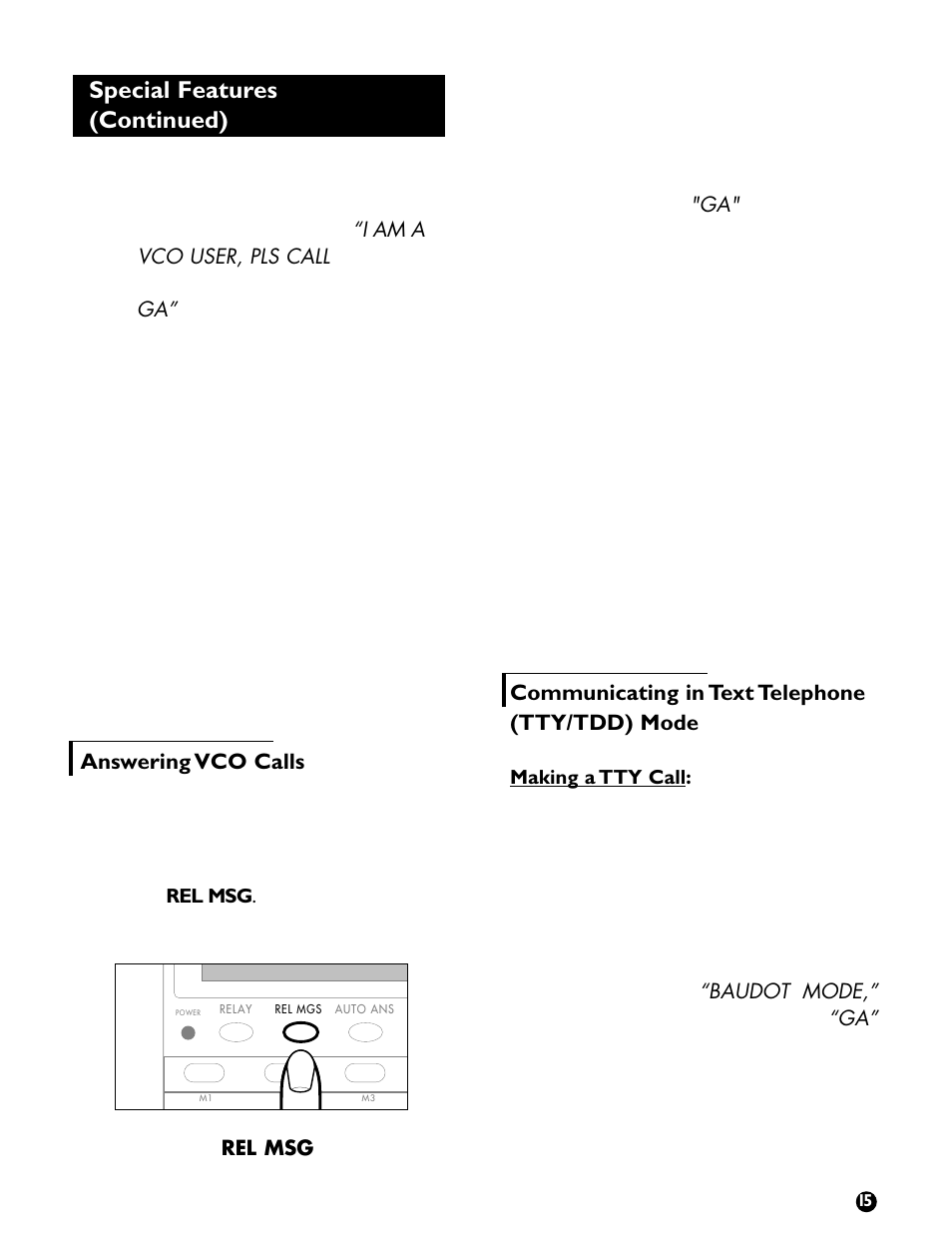 Special features (continued), Answering vco calls, Communicating in text telephone (tty/tdd) mode | Ameriphone VCO User Manual | Page 17 / 26