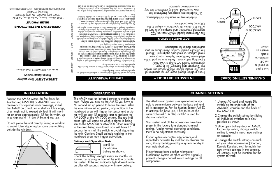 Ameriphone MotionSensor AM-6000 User Manual | 1 page