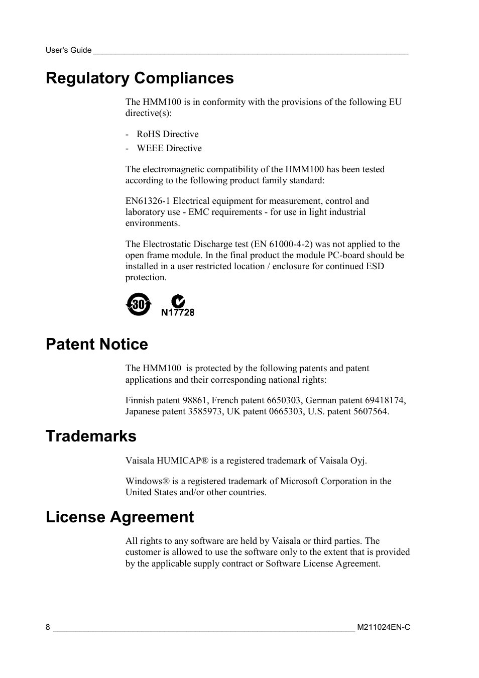 Regulatory compliances, Patent notice, Trademarks | License agreement | Vaisala HMM100 User Manual | Page 10 / 71