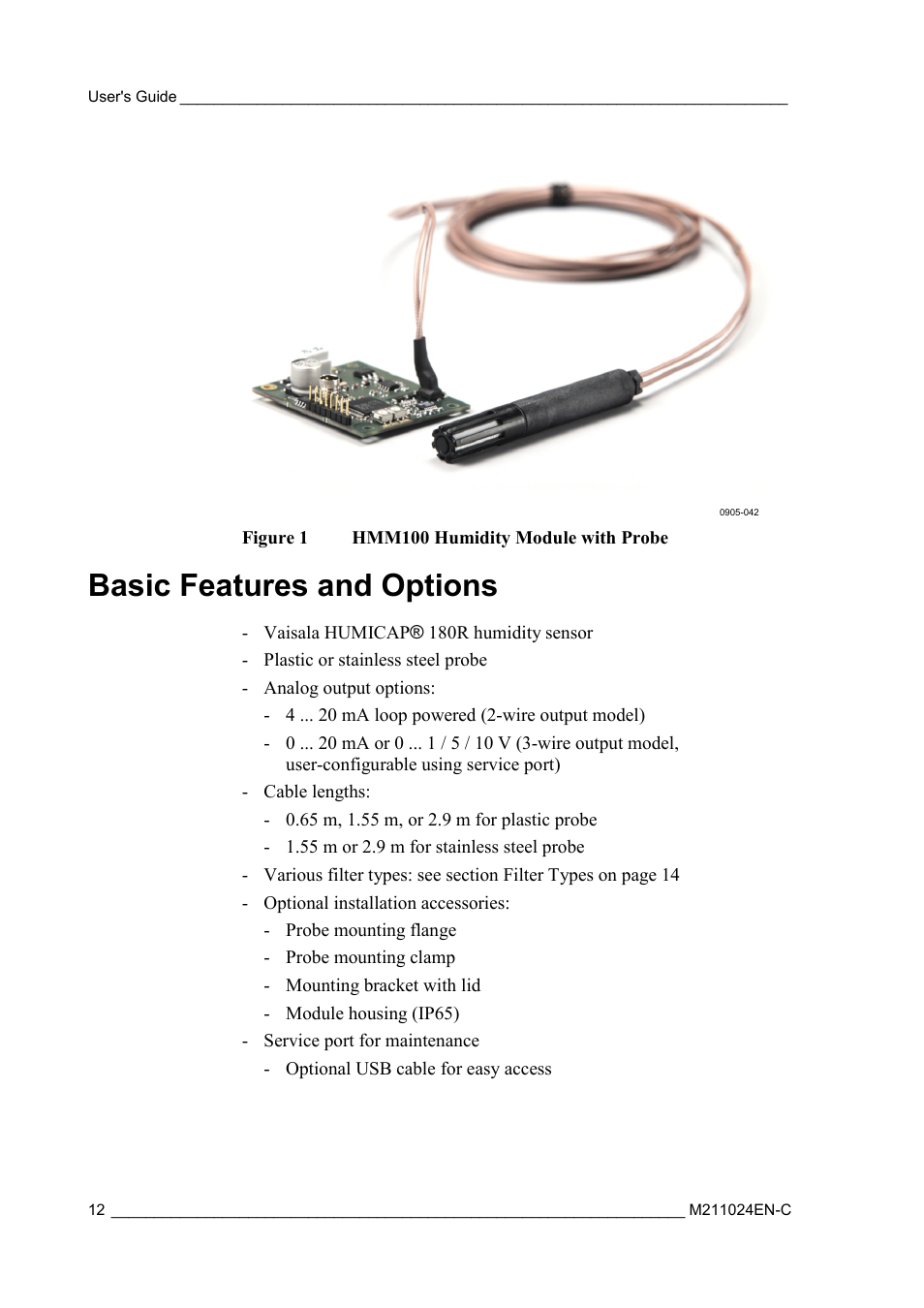 Basic features and options, Figure 1, Hmm100 humidity module with probe | Vaisala HMM100 User Manual | Page 14 / 71