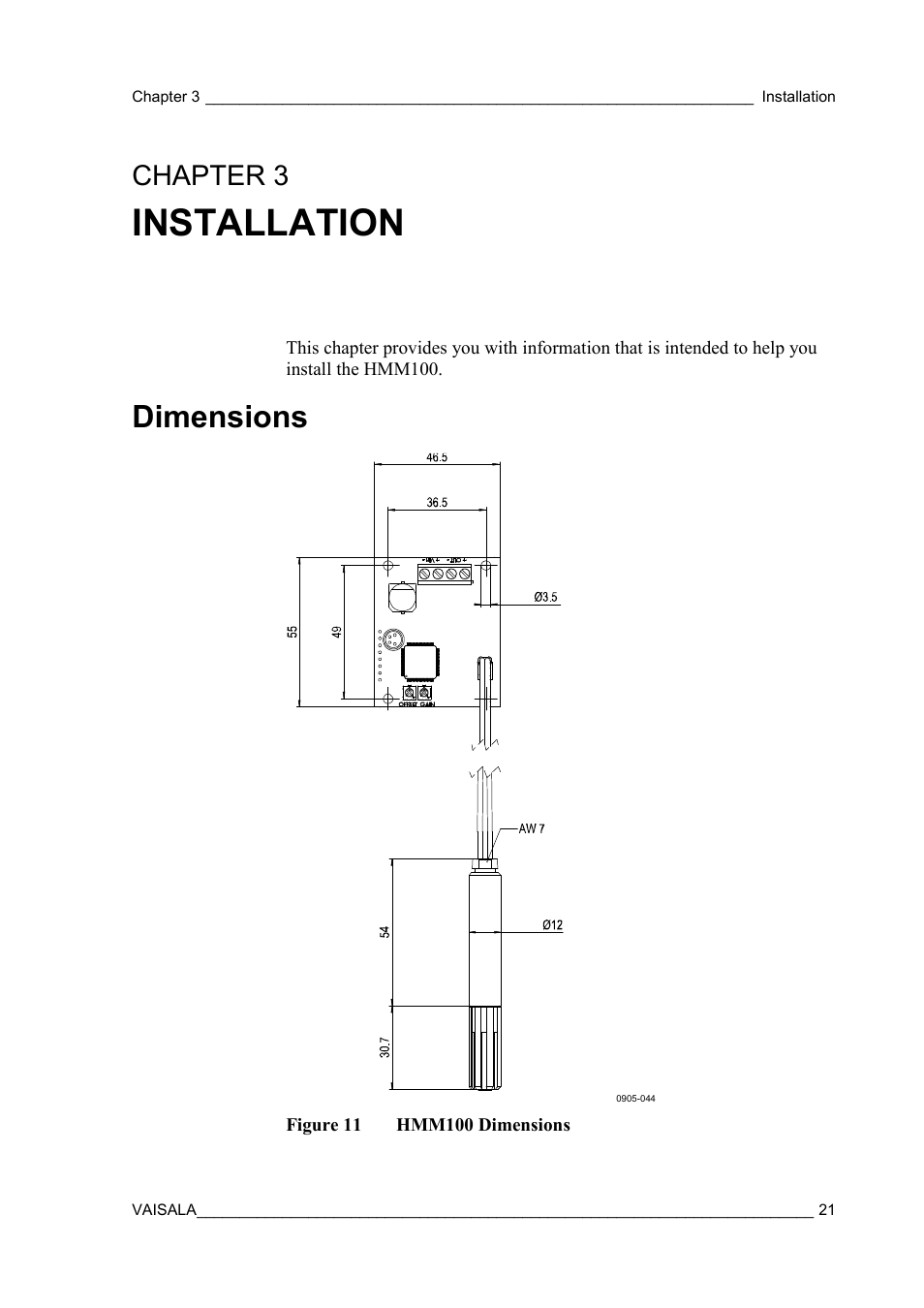 Installation, Dimensions, Chapter 3 | Figure 11, Hmm100 dimensions, Chapter 3, installation | Vaisala HMM100 User Manual | Page 23 / 71