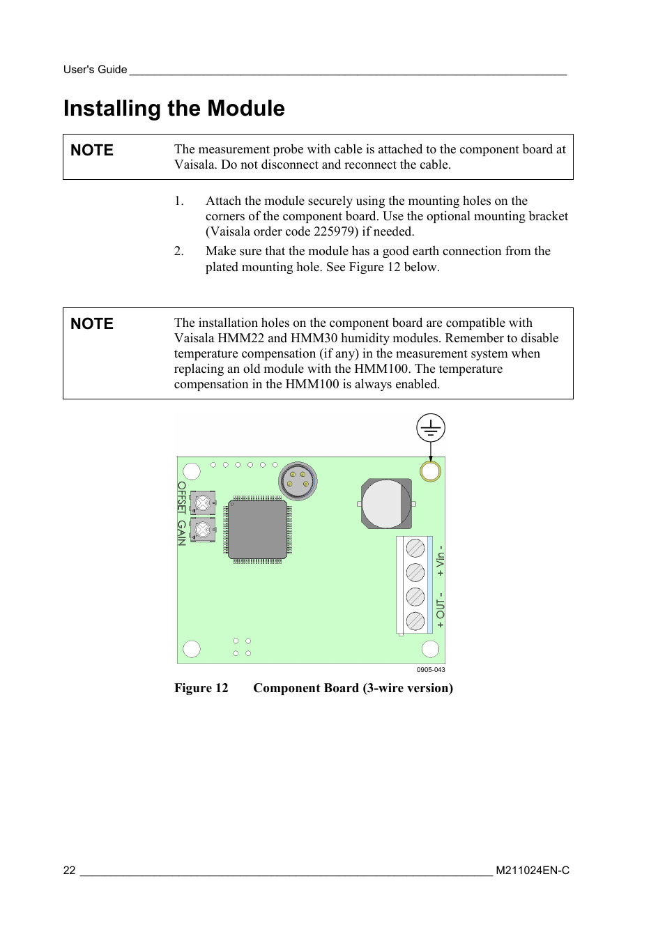 Installing the module, Figure 12, Component board (3-wire version) | Vaisala HMM100 User Manual | Page 24 / 71