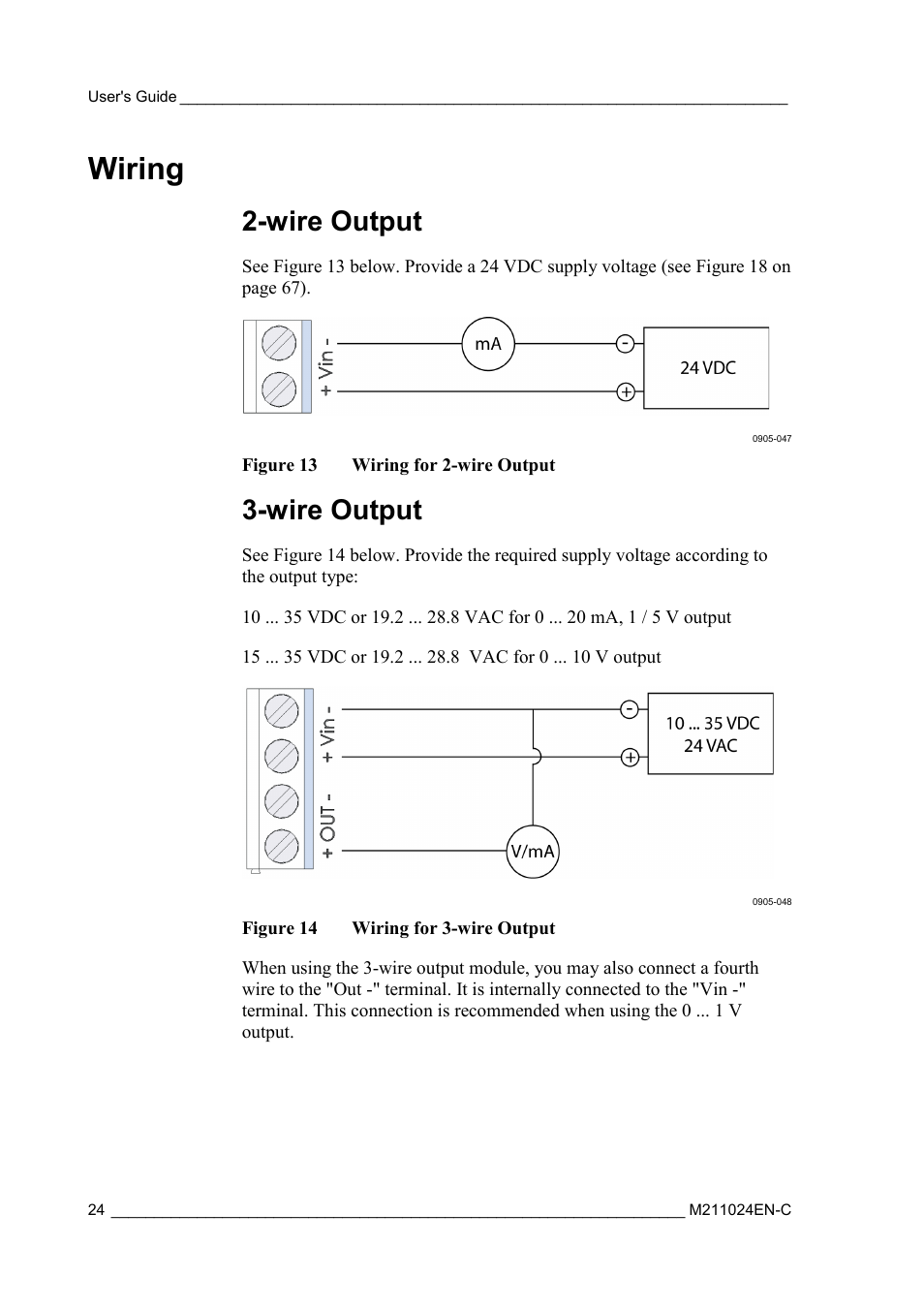 Wiring, Wire output, Figure 13 | Wiring for 2-wire output, Figure 14, Wiring for 3-wire output | Vaisala HMM100 User Manual | Page 26 / 71