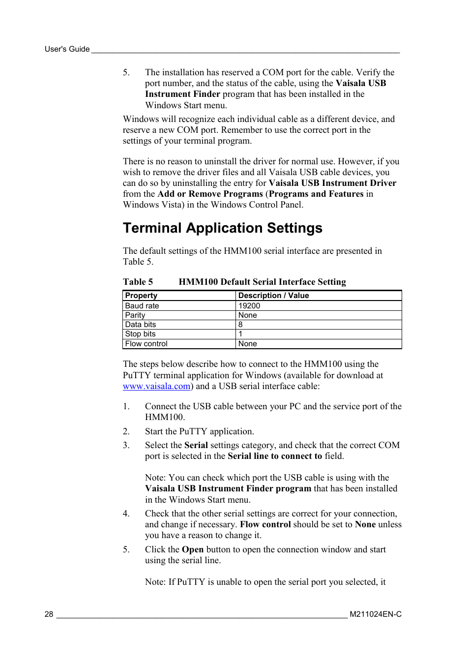 Terminal application settings, Table 5, Hmm100 default serial interface setting | Vaisala HMM100 User Manual | Page 30 / 71