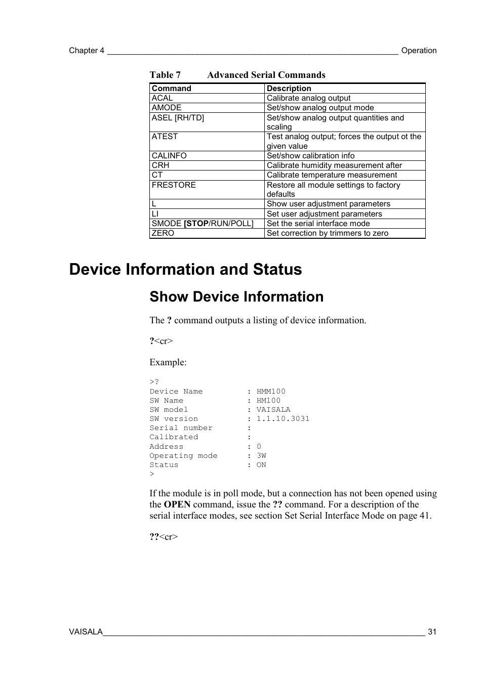 Device information and status, Show device information, Table 7 | Advanced serial commands | Vaisala HMM100 User Manual | Page 33 / 71