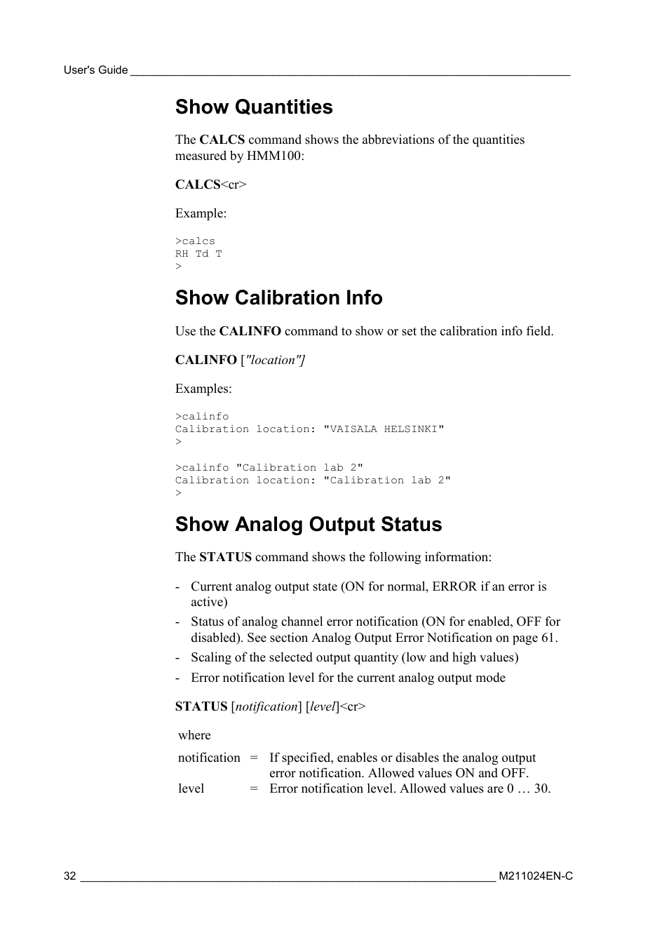 Show quantities, Show calibration info, Show analog output status | Vaisala HMM100 User Manual | Page 34 / 71