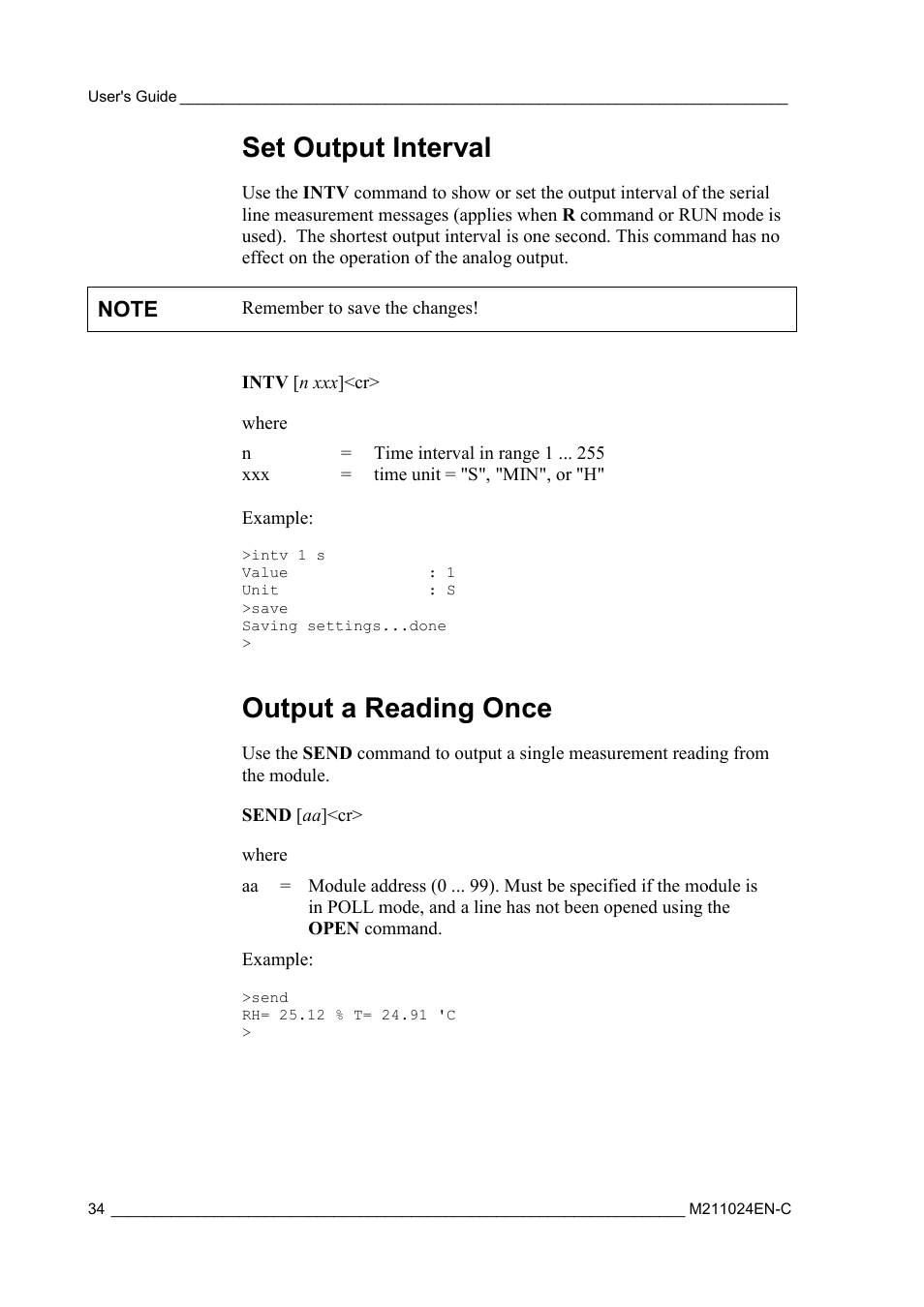 Set output interval, Output a reading once | Vaisala HMM100 User Manual | Page 36 / 71