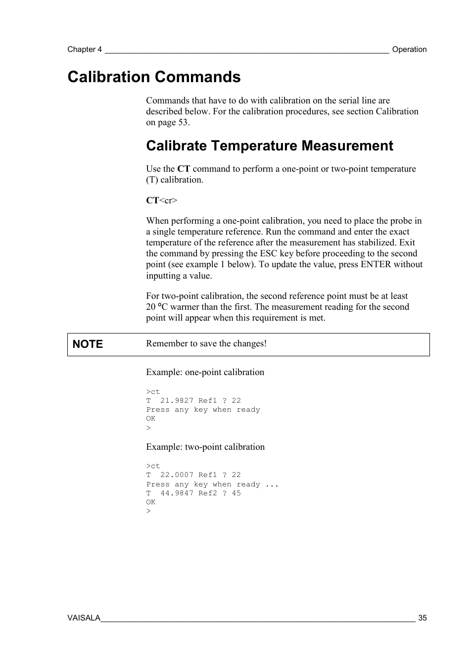 Calibration commands, Calibrate temperature measurement | Vaisala HMM100 User Manual | Page 37 / 71