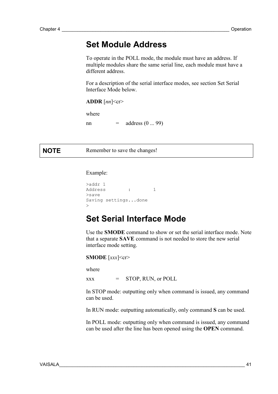 Set module address, Set serial interface mode | Vaisala HMM100 User Manual | Page 43 / 71