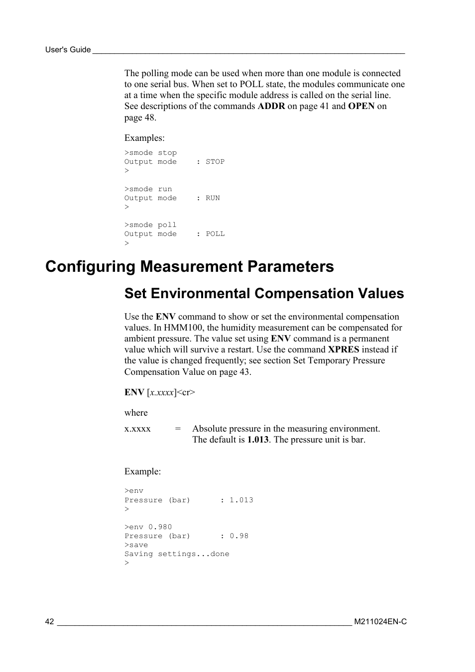 Configuring measurement parameters, Set environmental compensation values | Vaisala HMM100 User Manual | Page 44 / 71