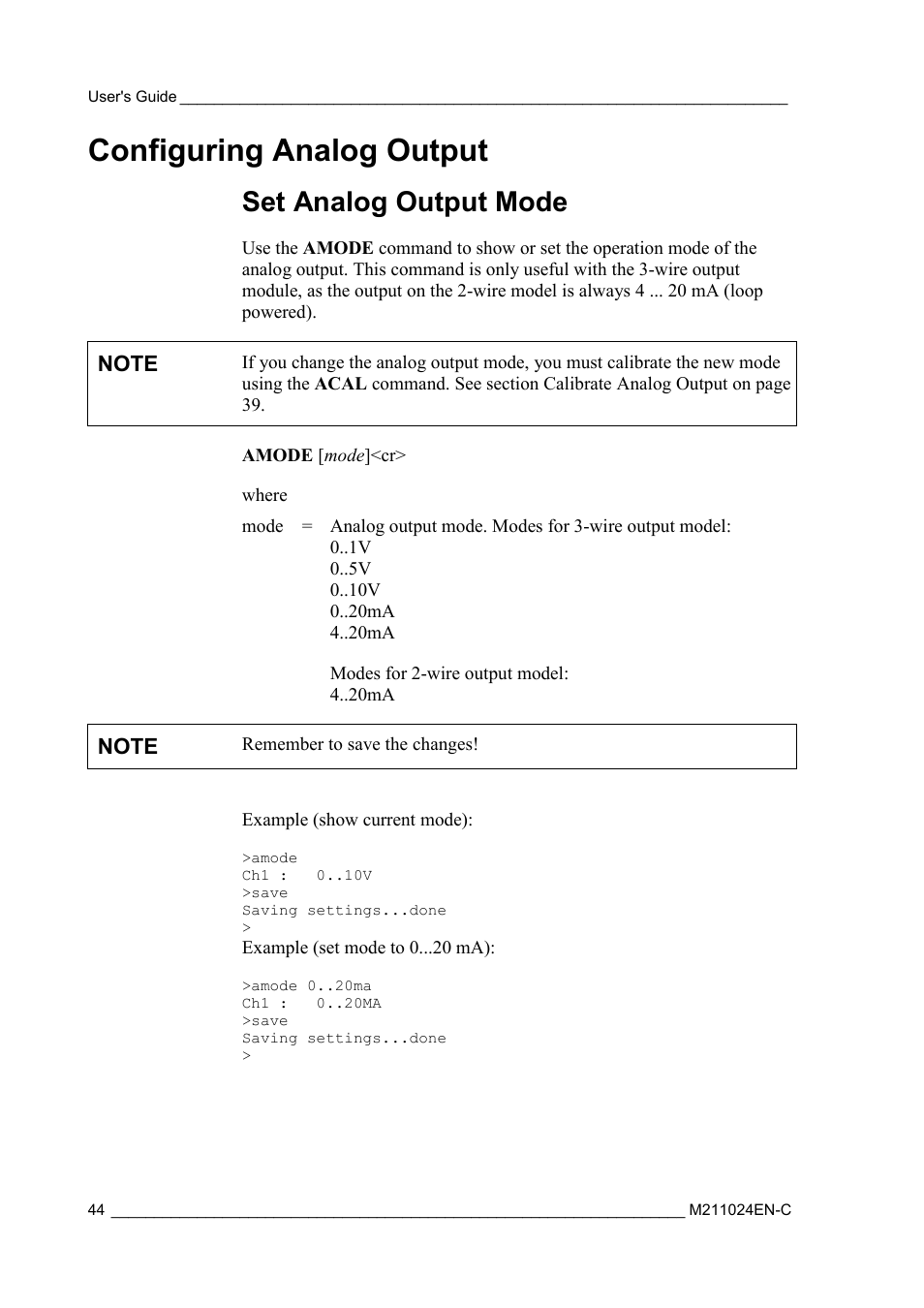 Configuring analog output, Set analog output mode | Vaisala HMM100 User Manual | Page 46 / 71