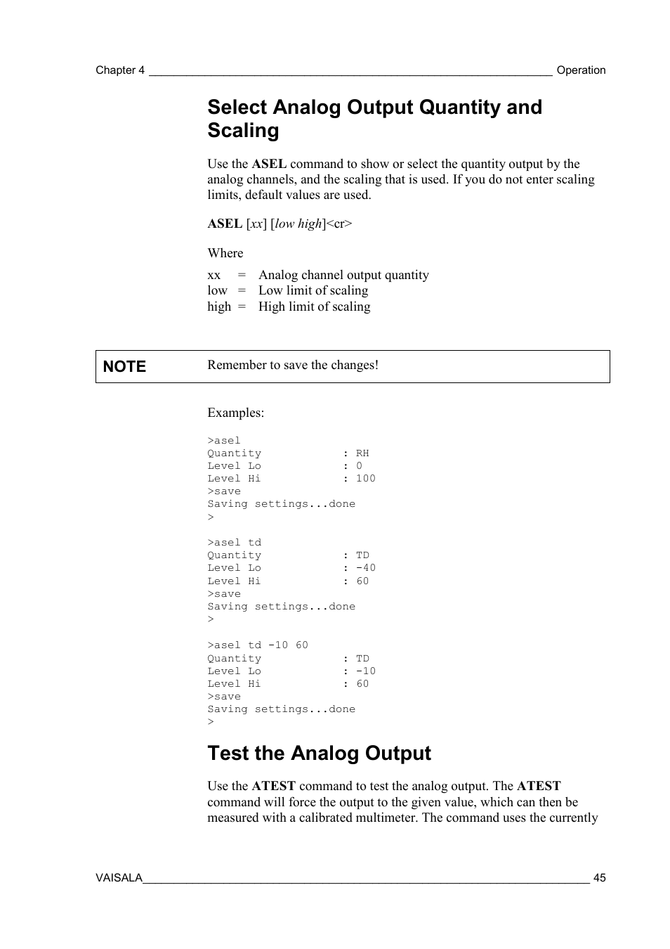 Select analog output quantity and scaling, Test the analog output | Vaisala HMM100 User Manual | Page 47 / 71