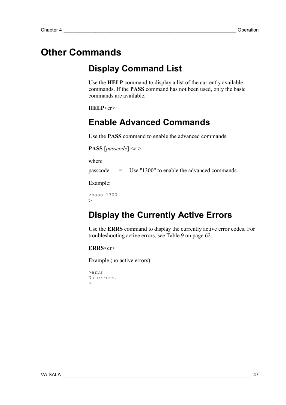 Other commands, Display command list, Enable advanced commands | Display the currently active errors | Vaisala HMM100 User Manual | Page 49 / 71
