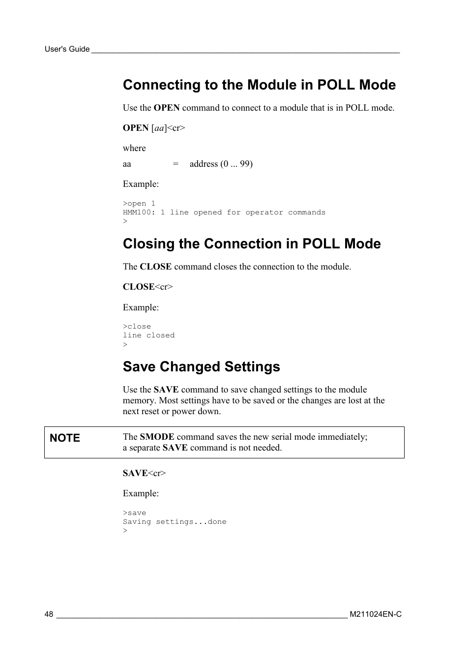 Connecting to the module in poll mode, Closing the connection in poll mode, Save changed settings | Vaisala HMM100 User Manual | Page 50 / 71