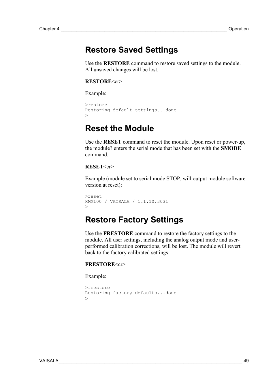 Restore saved settings, Reset the module, Restore factory settings | Vaisala HMM100 User Manual | Page 51 / 71