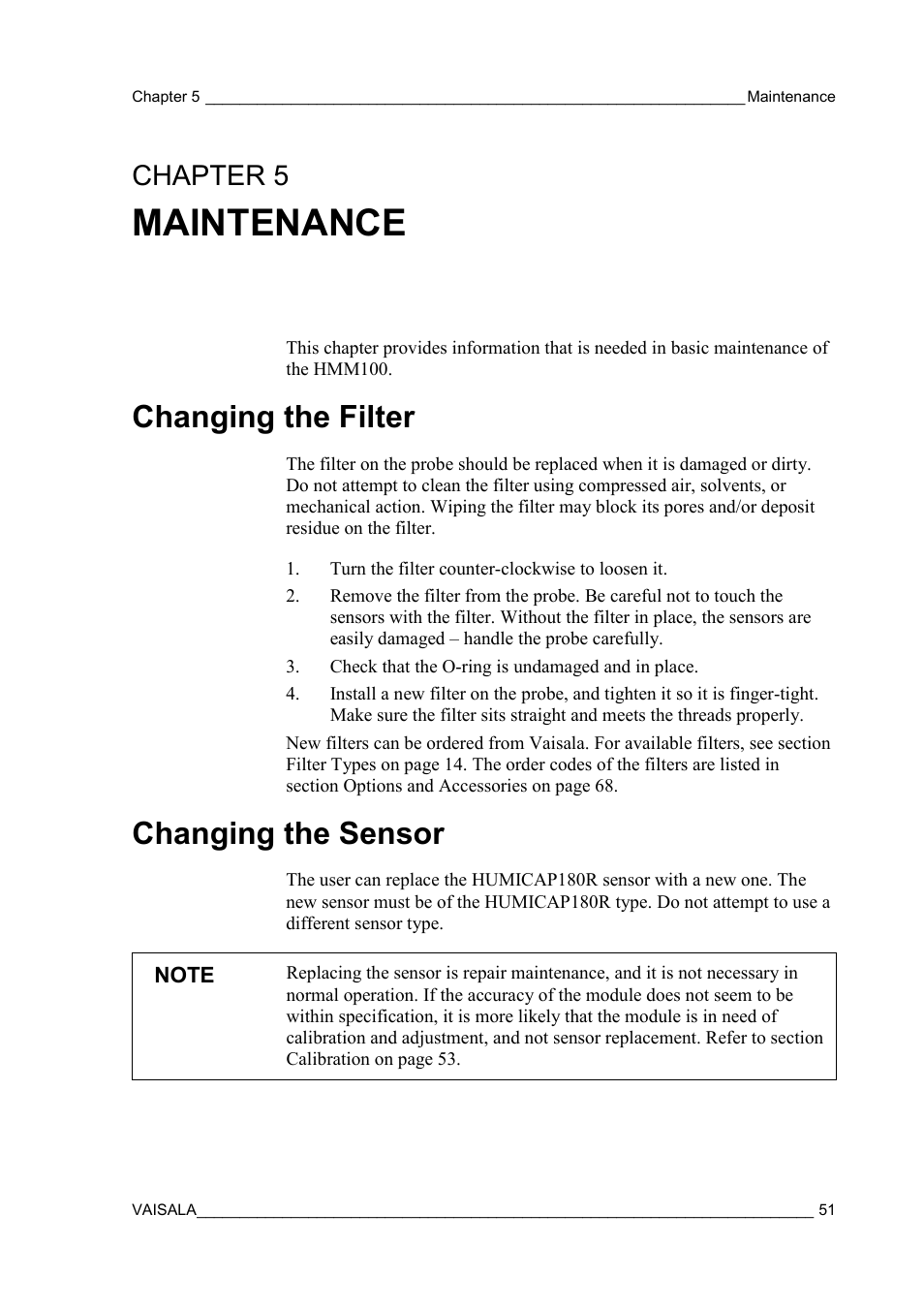 Maintenance, Changing the filter, Changing the sensor | Chapter 5, Chapter 5, maintenance | Vaisala HMM100 User Manual | Page 53 / 71
