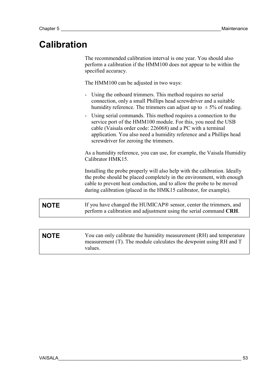 Calibration | Vaisala HMM100 User Manual | Page 55 / 71