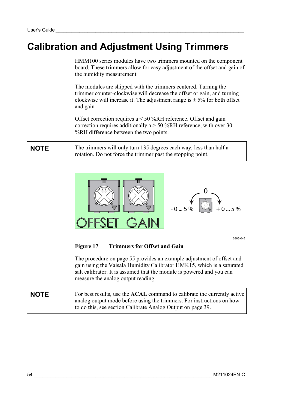 Calibration and adjustment using trimmers, Figure 17, Trimmers for offset and gain | Vaisala HMM100 User Manual | Page 56 / 71