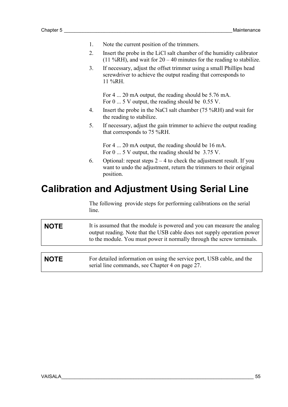 Calibration and adjustment using serial line | Vaisala HMM100 User Manual | Page 57 / 71