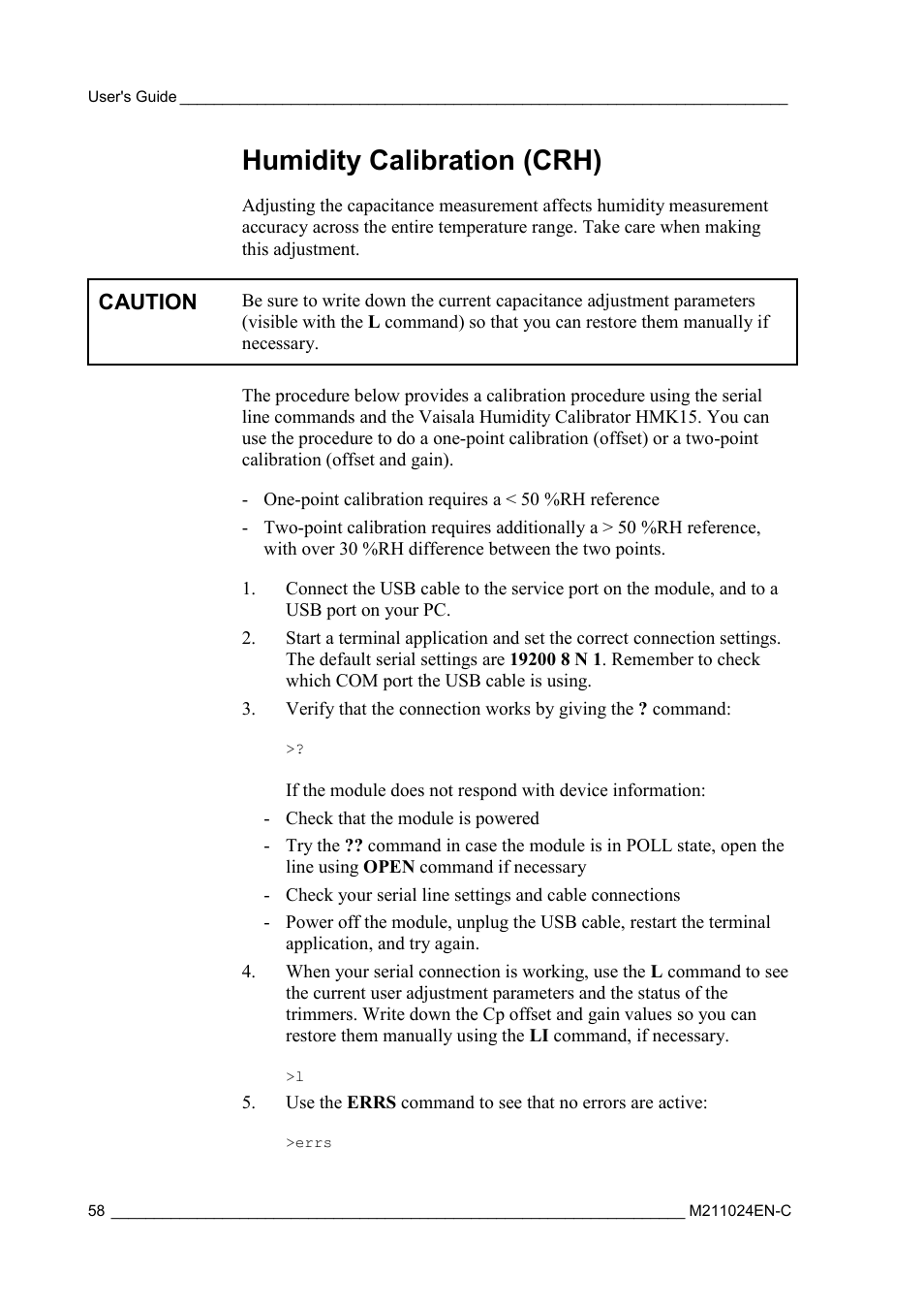 Humidity calibration (crh) | Vaisala HMM100 User Manual | Page 60 / 71