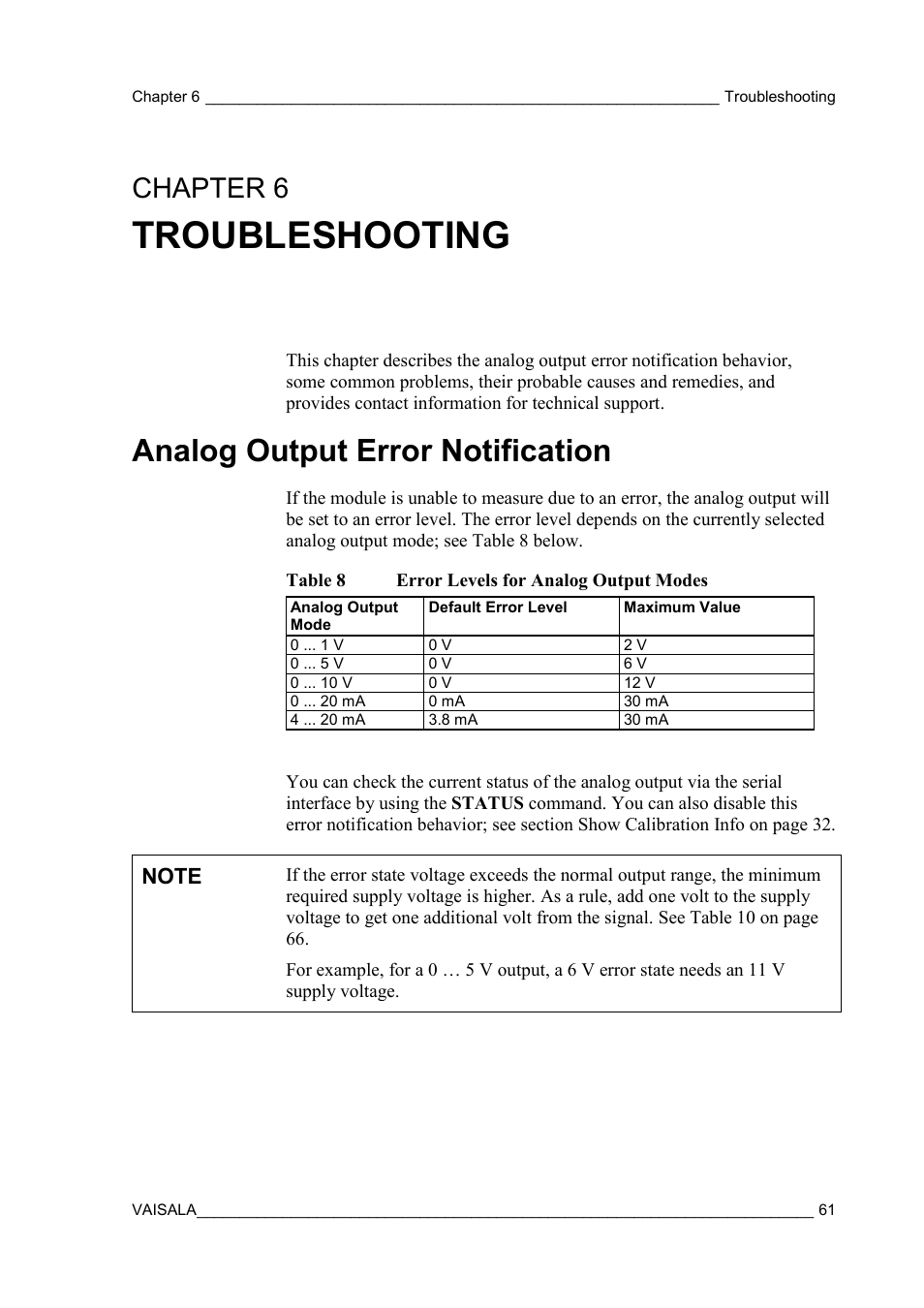 Troubleshooting, Analog output error notification, Chapter 6 | Table 8, Error levels for analog output modes | Vaisala HMM100 User Manual | Page 63 / 71