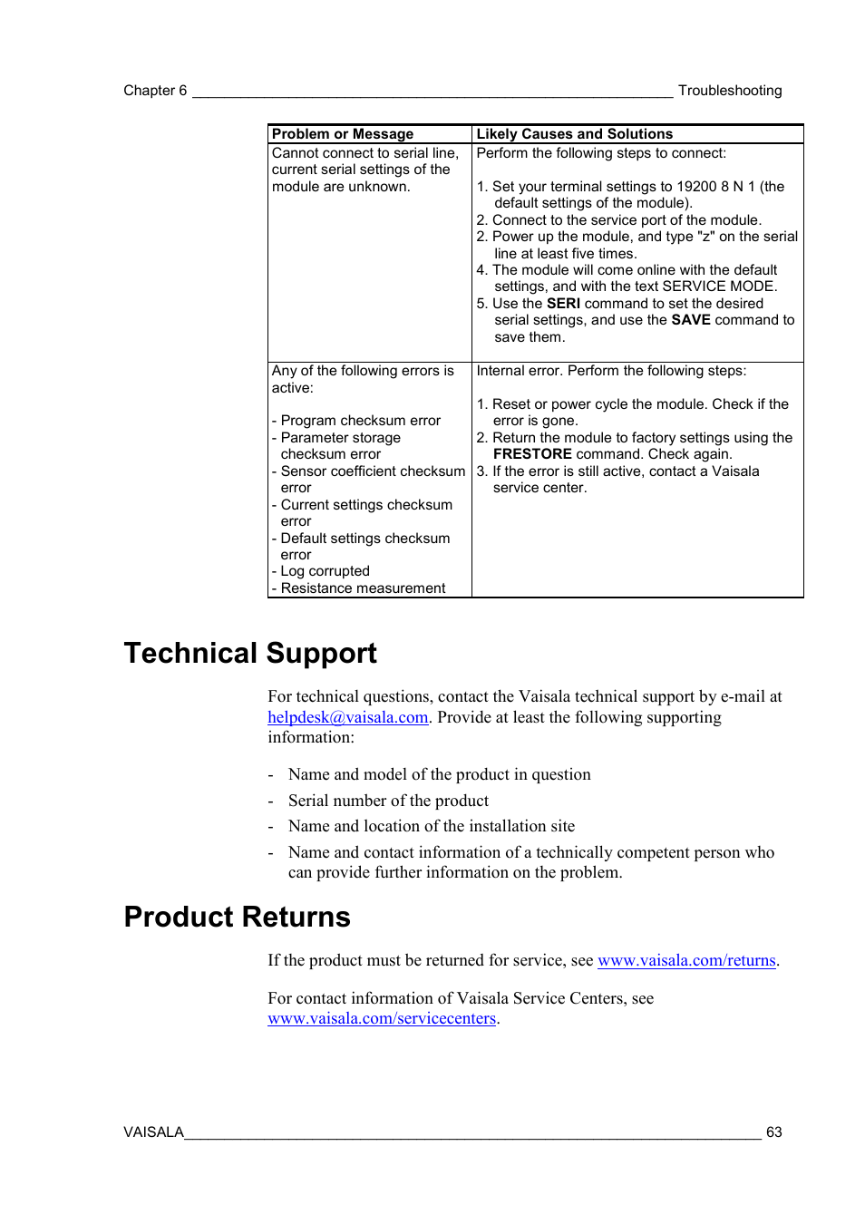 Technical support, Product returns | Vaisala HMM100 User Manual | Page 65 / 71