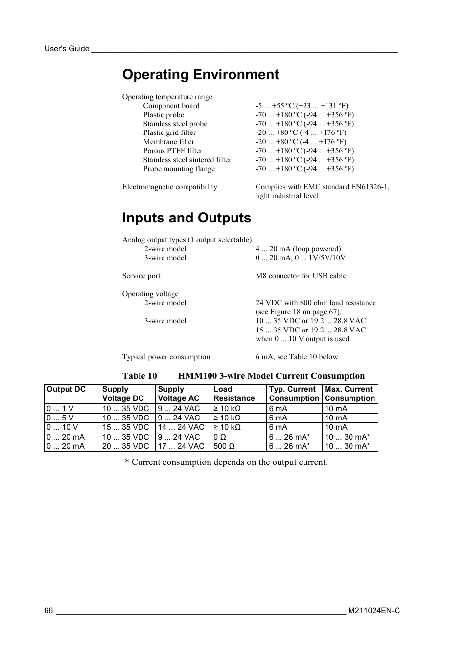 Operating environment, Inputs and outputs, Table 10 | Hmm100 3-wire model current consumption, Current consumption depends on the output current | Vaisala HMM100 User Manual | Page 68 / 71