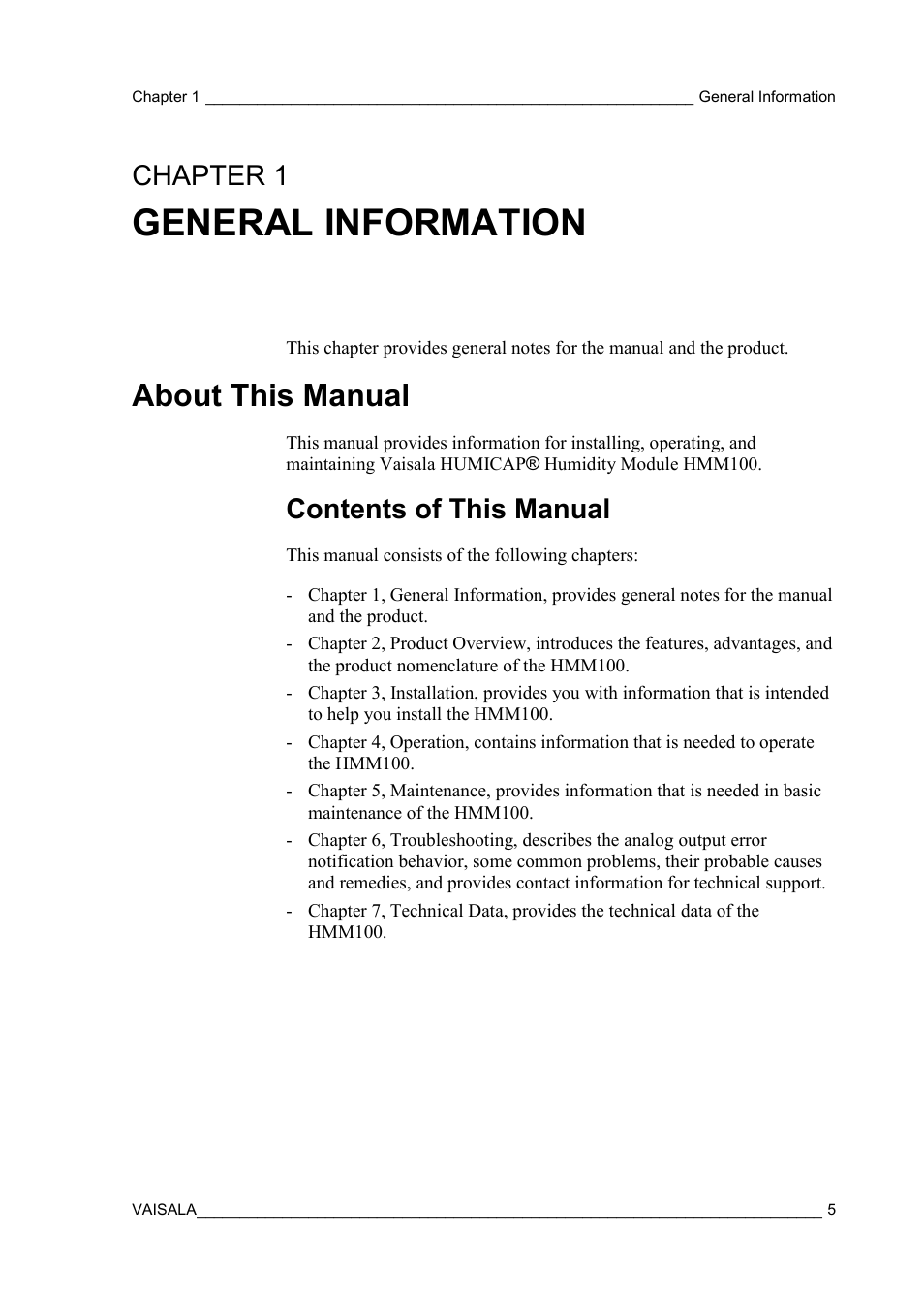 General information, About this manual, Contents of this manual | Chapter 1 | Vaisala HMM100 User Manual | Page 7 / 71