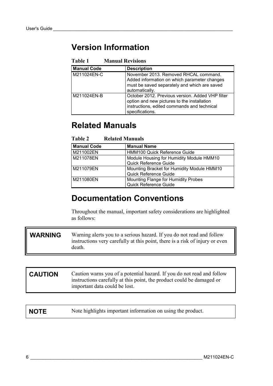 Version information, Related manuals, Documentation conventions | Table 1, Manual revisions, Table 2, Warning, Caution | Vaisala HMM100 User Manual | Page 8 / 71
