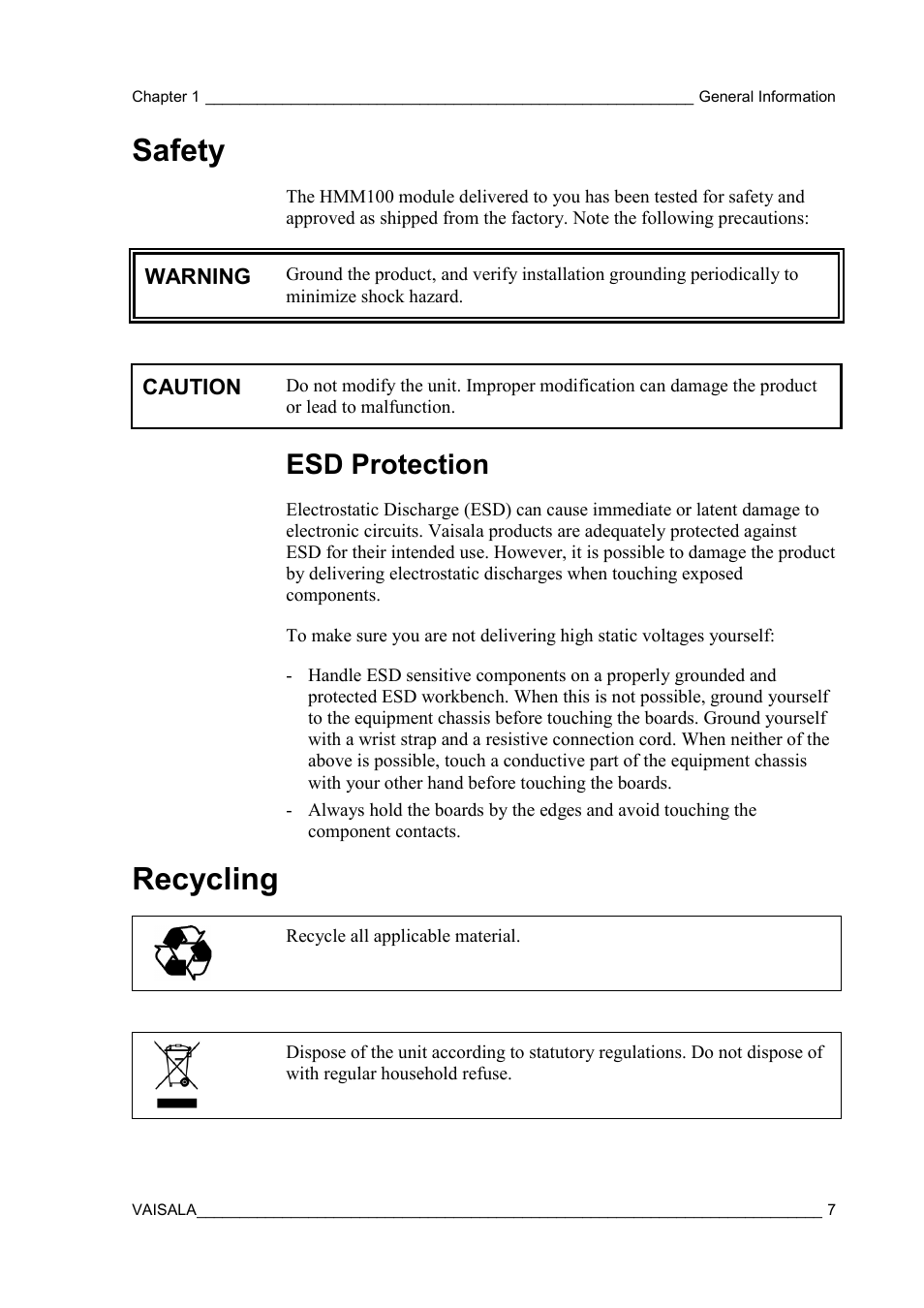 Safety, Esd protection, Recycling | Vaisala HMM100 User Manual | Page 9 / 71