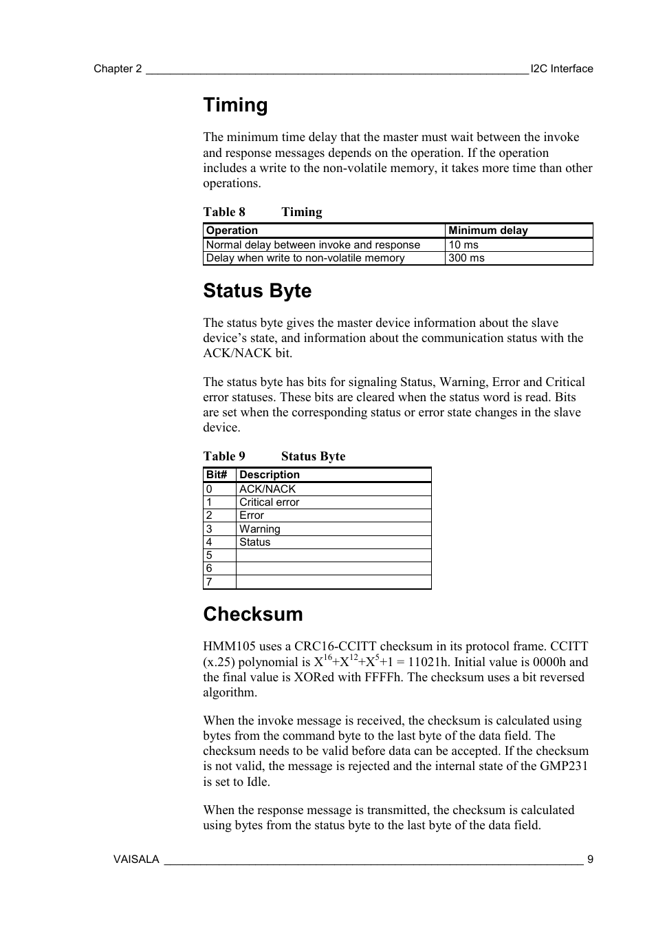 Timing, Status byte, Checksum | Vaisala HMM105 User Manual | Page 11 / 23