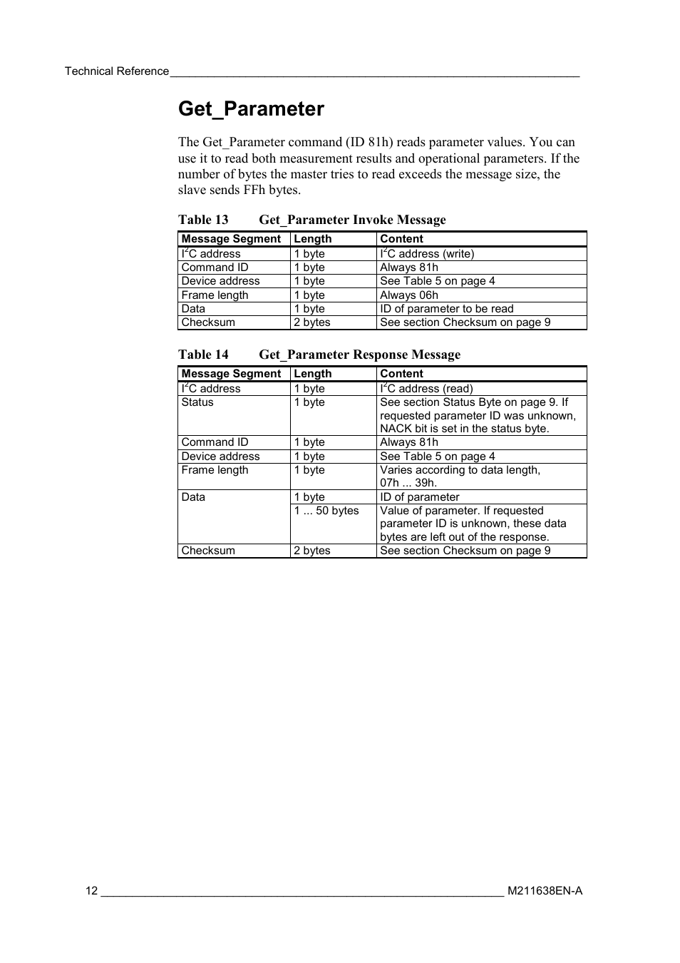 Get_parameter, Table 14 get_parameter response message | Vaisala HMM105 User Manual | Page 14 / 23