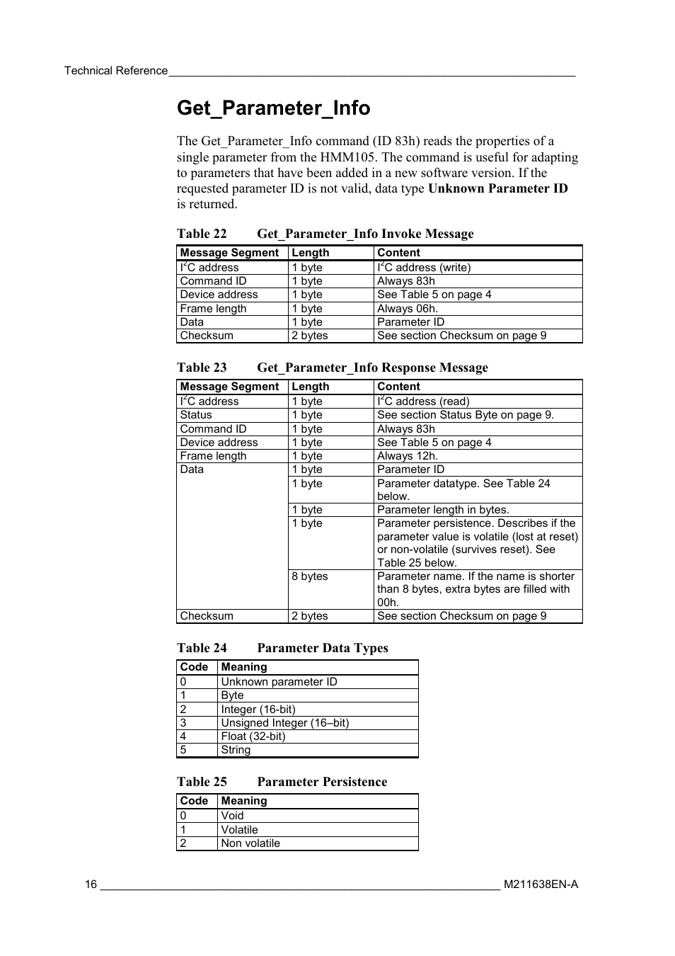 Get_parameter_info, Table 23 get_parameter_info response message, Table 24 parameter data types | Table 25 parameter persistence | Vaisala HMM105 User Manual | Page 18 / 23