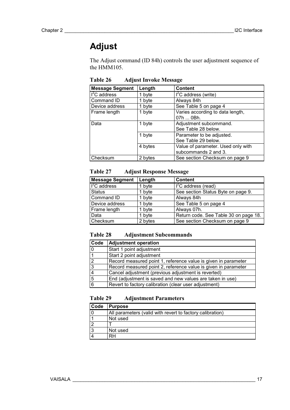 Adjust, Table 27 adjust response message, Table 28 adjustment subcommands | Table 29 adjustment parameters | Vaisala HMM105 User Manual | Page 19 / 23