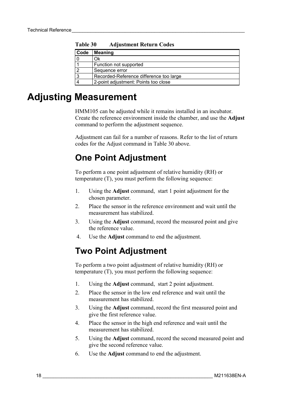 Adjusting measurement, One point adjustment, Two point adjustment | Vaisala HMM105 User Manual | Page 20 / 23