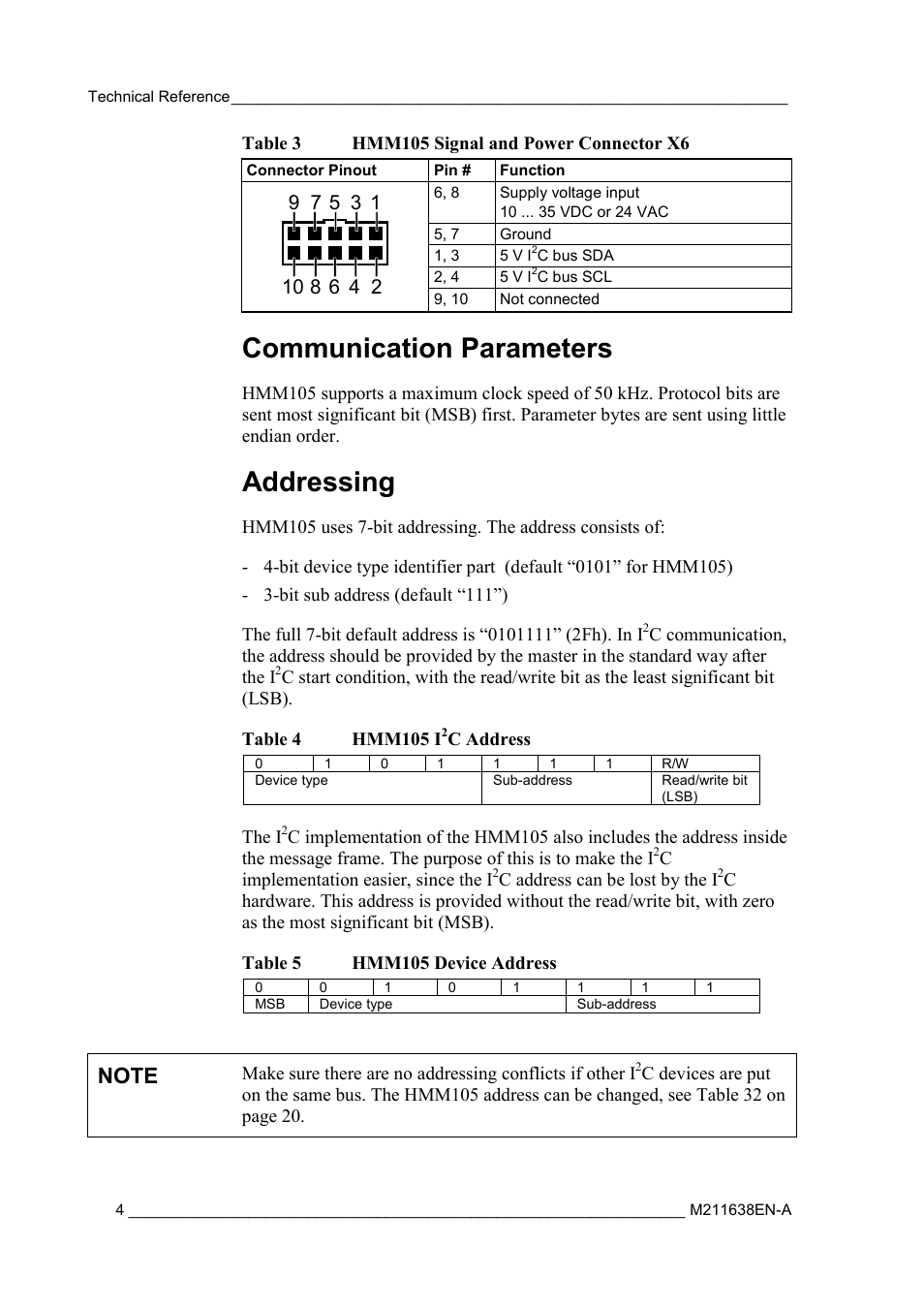Communication parameters, Addressing | Vaisala HMM105 User Manual | Page 6 / 23