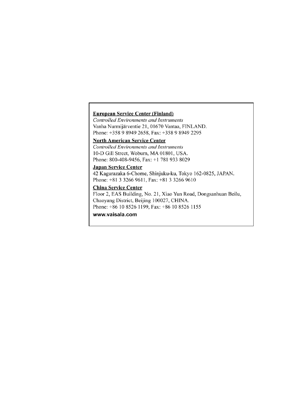 Vaisala service centers | Vaisala HMM211 User Manual | Page 35 / 42