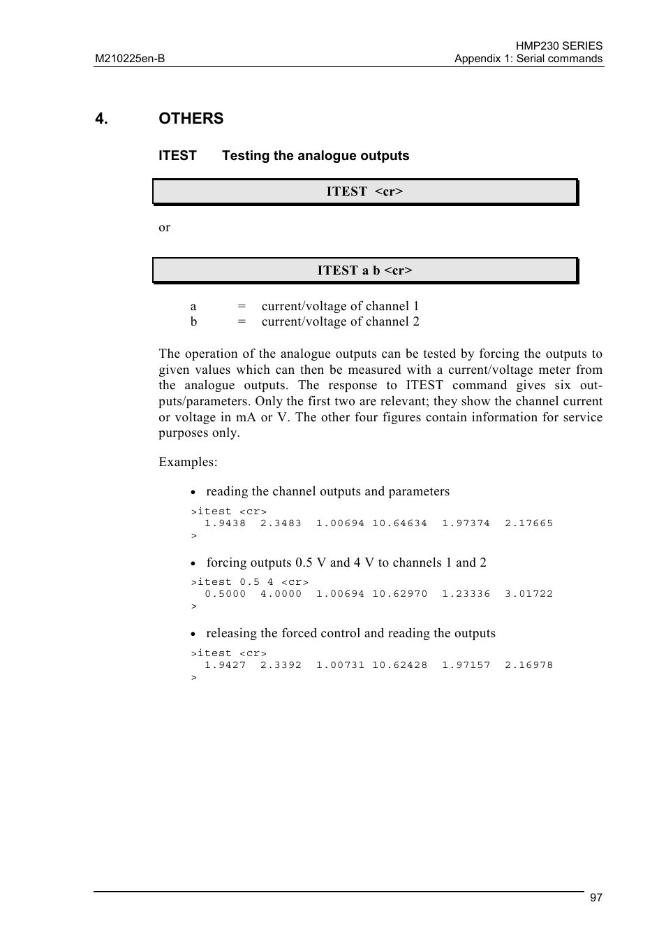 Others, Itest testing the analogue outputs, Itest | Testing the analogue outputs | Vaisala HMP230 User Manual | Page 103 / 163