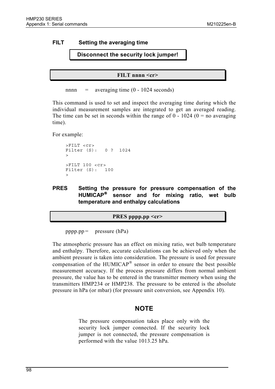 Filt setting the averaging time, Filt, Setting the averaging time | Vaisala HMP230 User Manual | Page 104 / 163